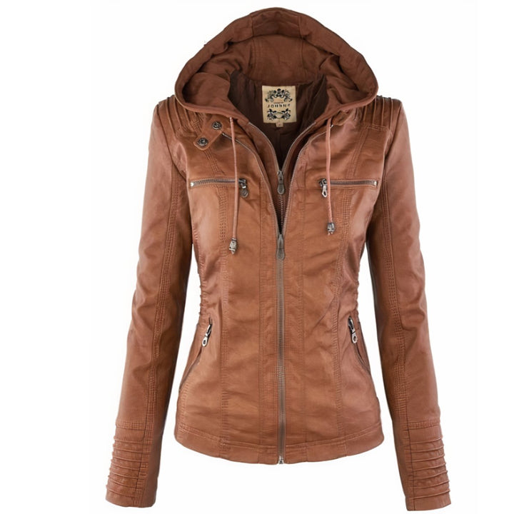 Women's Hooded Faux Leather Jacket Removable Hood Biker - Brown