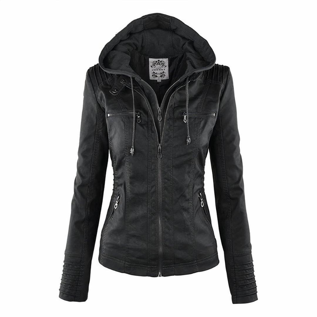 Women's Hooded Faux Leather Jacket Removable Hood Biker - Black
