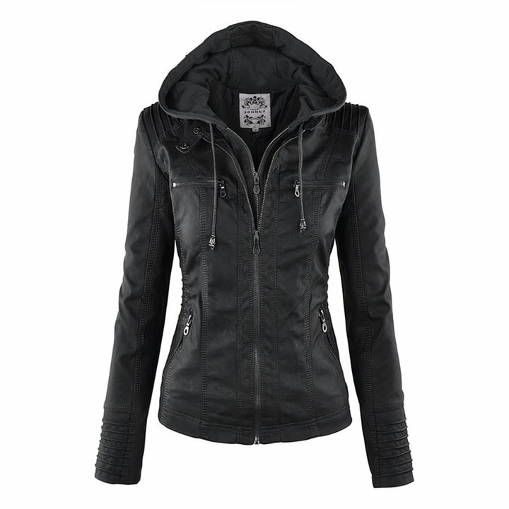 Women's Hooded Faux Leather Jacket Removable Hood Biker - Black