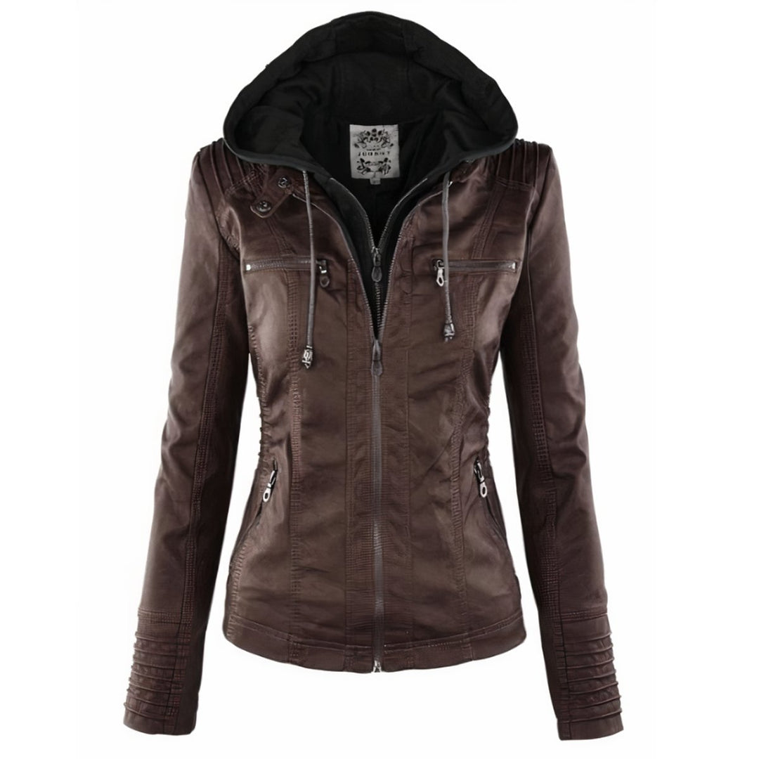 Women's Hooded Faux Leather Jacket Removable Hood Biker - Dark Brown