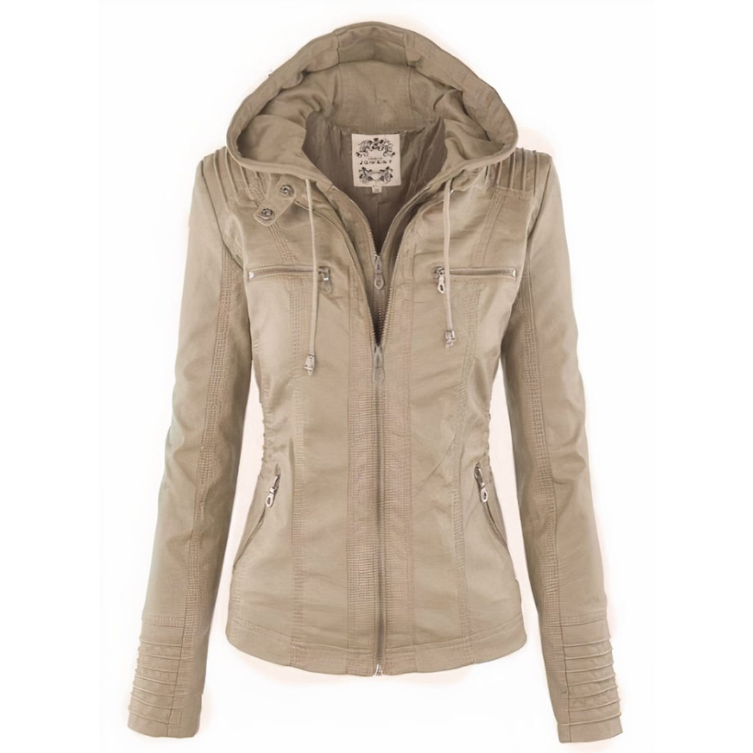 Women's Hooded Faux Leather Jacket Removable Hood Biker - Beige