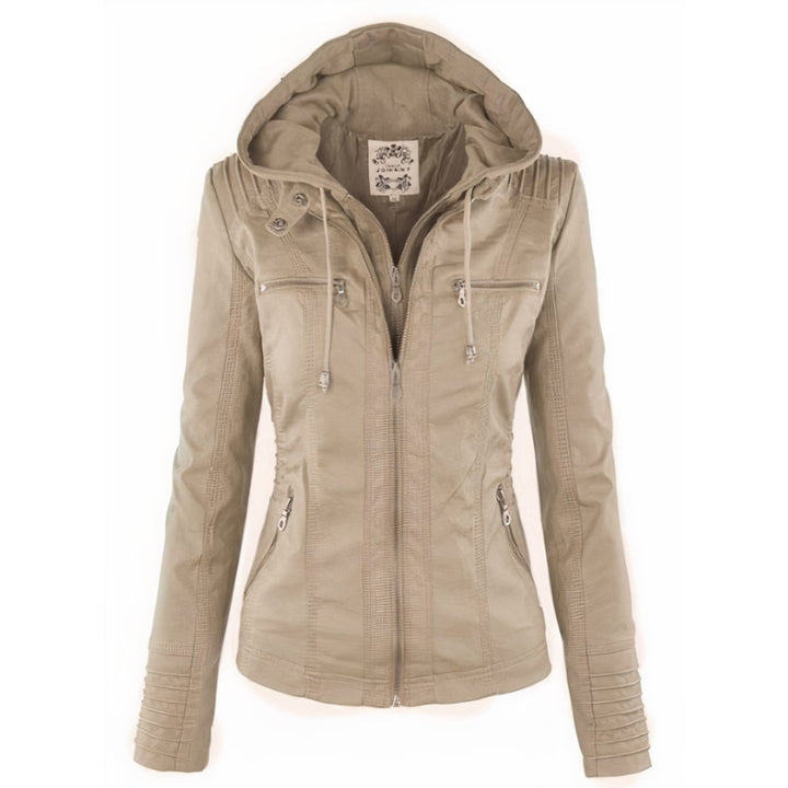 Women's Hooded Faux Leather Jacket Removable Hood Biker - Beige
