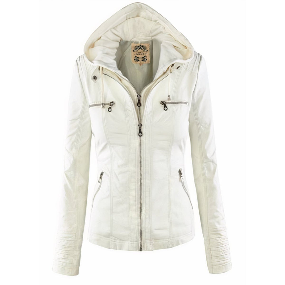 Women's Hooded Faux Leather Jacket Removable Hood Biker - White