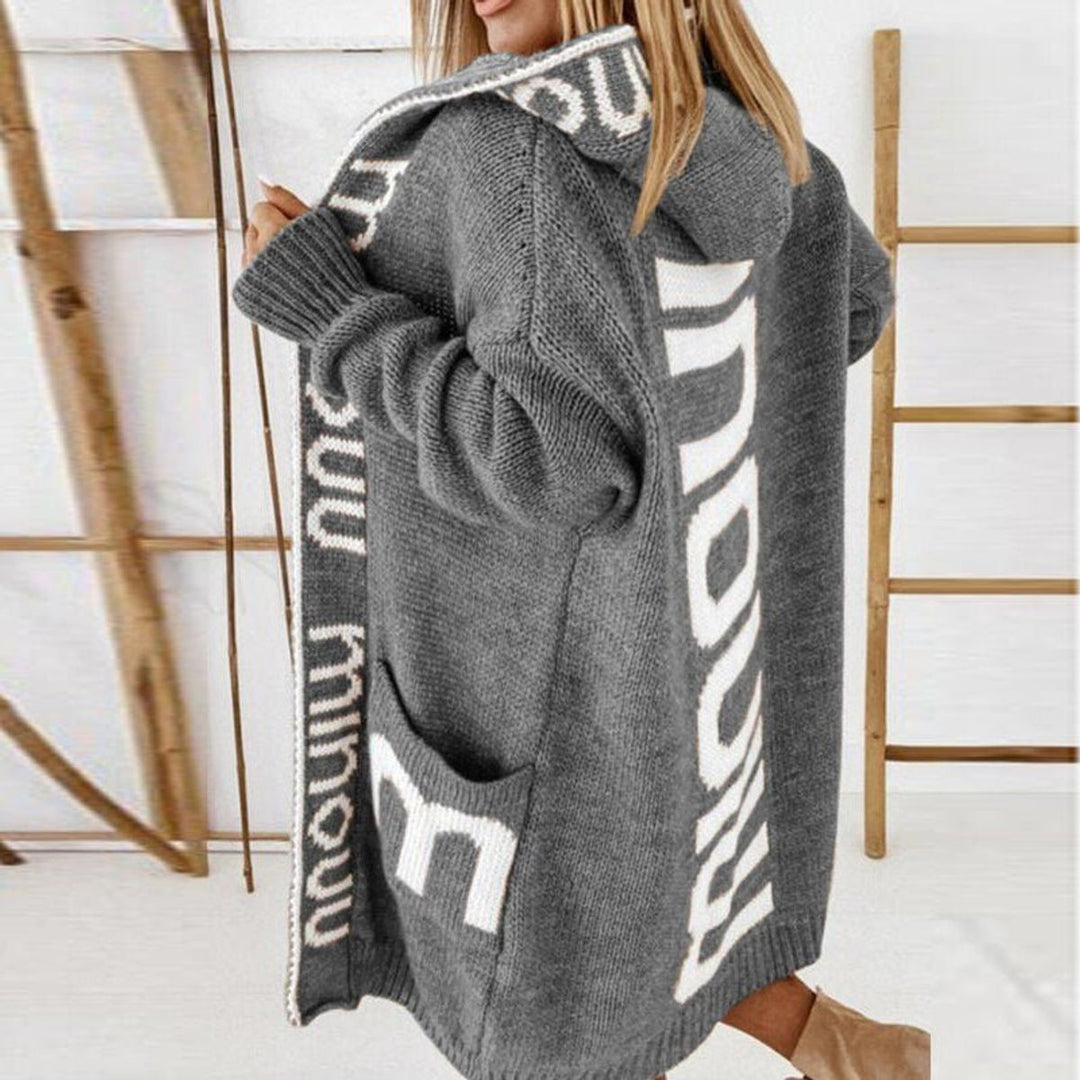 Women's Hooded Knit Open-Front Cardigan Jacket Letter Print - Grey