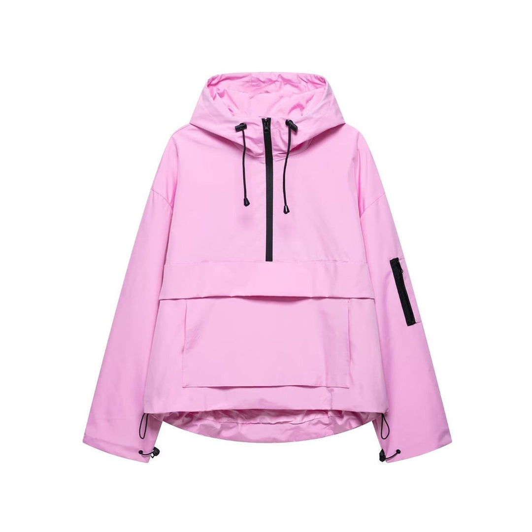 Women's Hooded Pullover Anorak Quilted Jacket Windproof Half-Zip - Pink