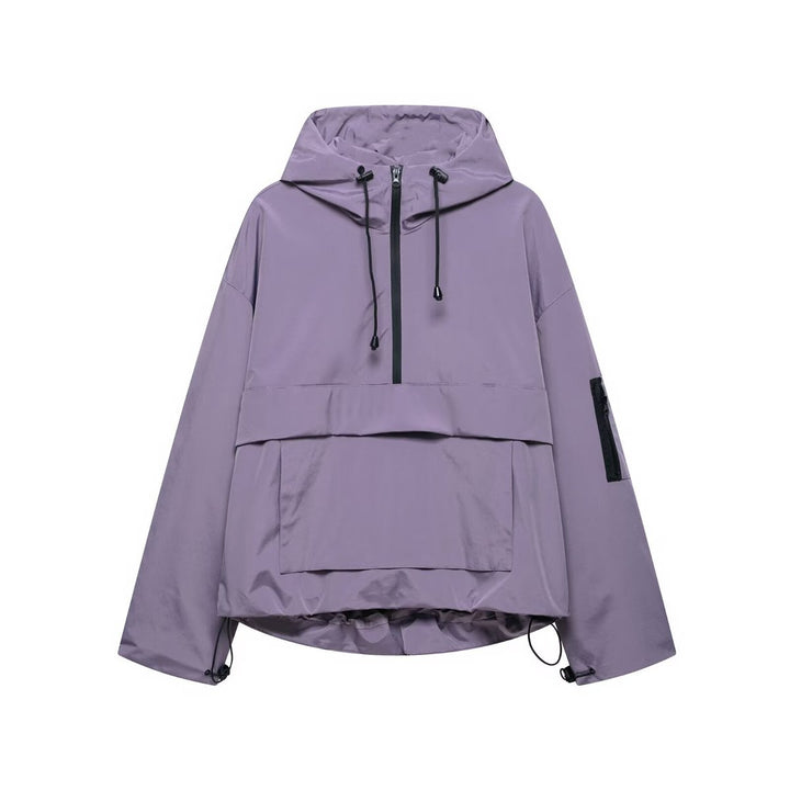 Women's Hooded Pullover Anorak Quilted Jacket Windproof Half-Zip - Purple