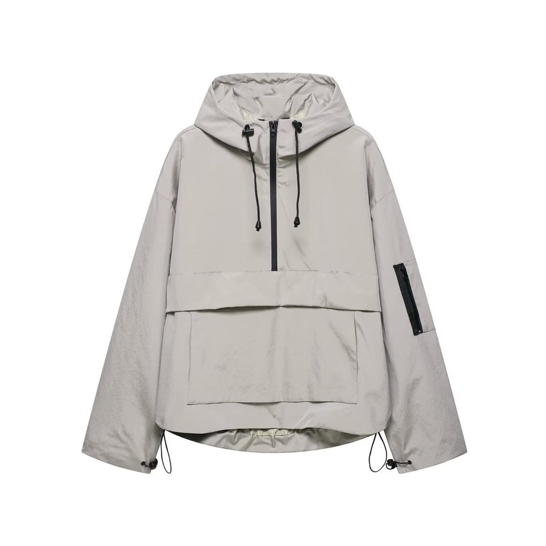 Women's Hooded Pullover Anorak Quilted Jacket Windproof Half-Zip - Grey