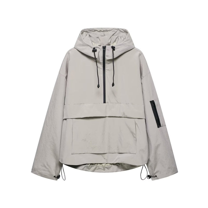 Women's Hooded Pullover Anorak Quilted Jacket Windproof Half-Zip - Grey