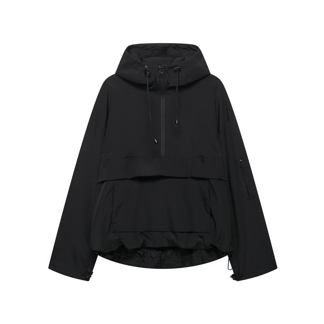 Women's Hooded Pullover Anorak Quilted Jacket Windproof Half-Zip - Black