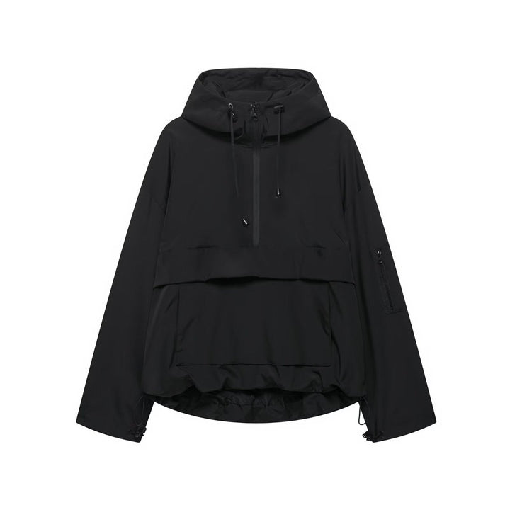 Women's Hooded Pullover Anorak Quilted Jacket Windproof Half-Zip - Black