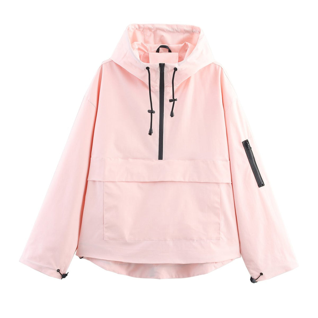 Women's Hooded Pullover Anorak Quilted Jacket Windproof Half-Zip - Light Pink