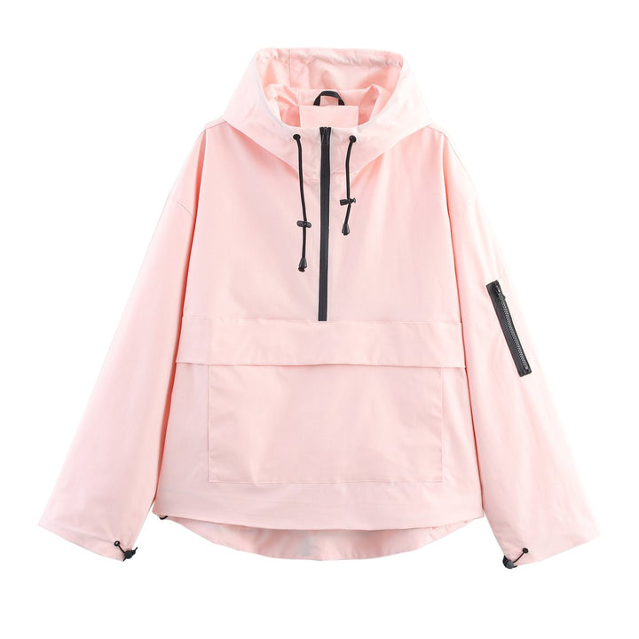 Women's Hooded Pullover Anorak Quilted Jacket Windproof Half-Zip - Light Pink