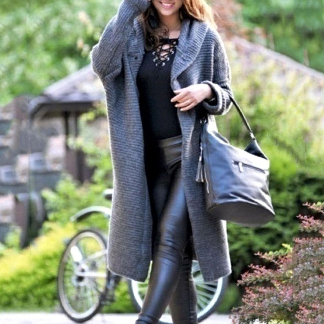 Women's Hooded Ribbed Knit Open-Front Maxi Cardigan - Grey