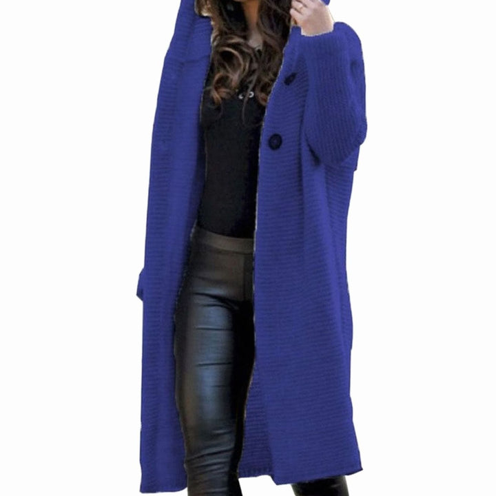 Women's Hooded Ribbed Knit Open-Front Maxi Cardigan - Dark Blue