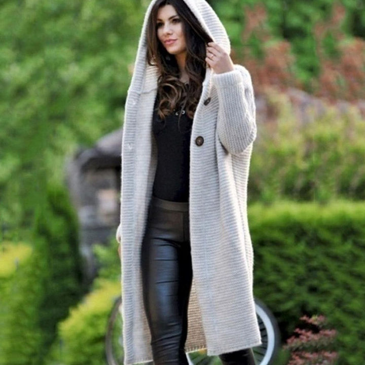 Women's Hooded Ribbed Knit Open-Front Maxi Cardigan - Beige