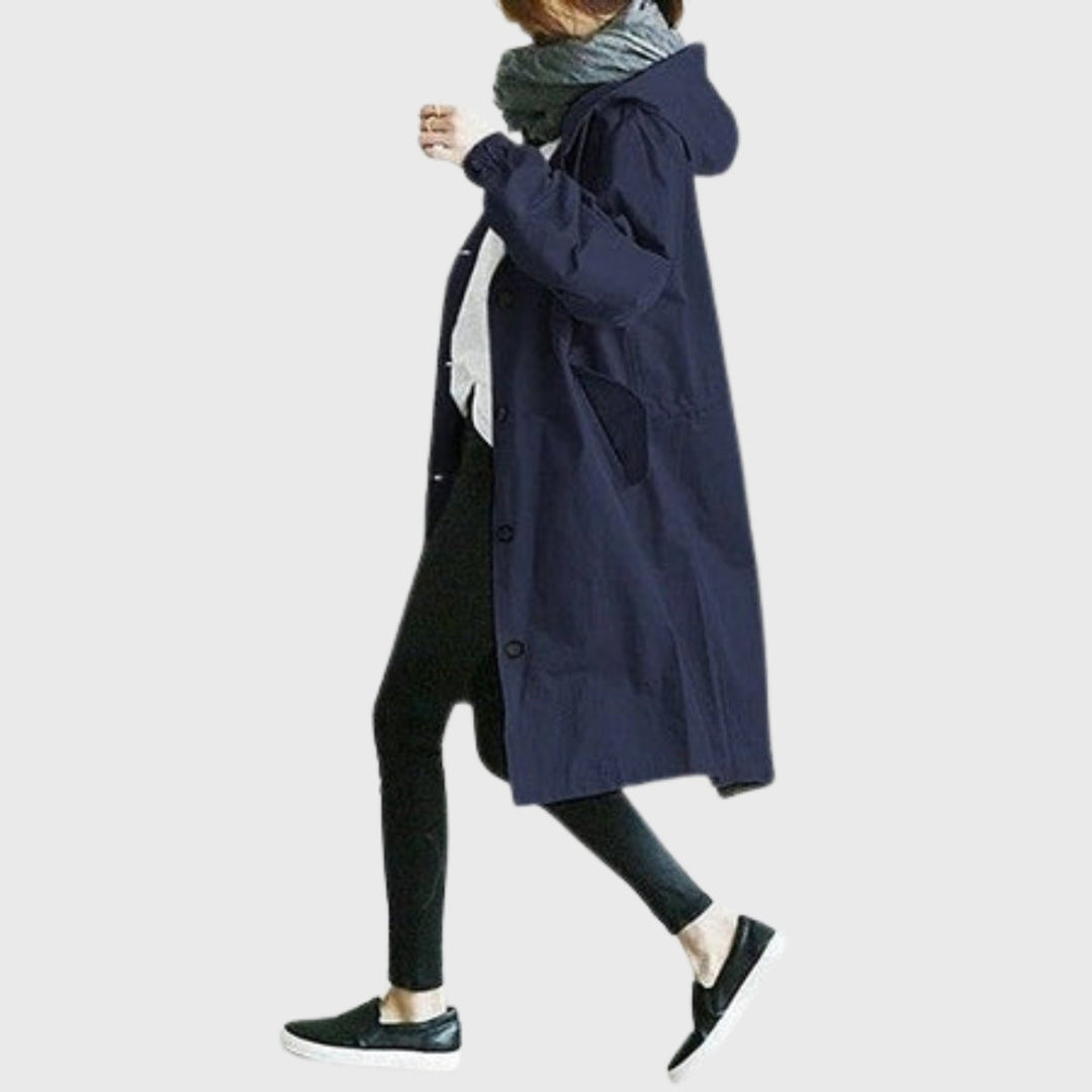 Women's Hooded Water-Repellent Oversized Long Trench Coat - Blauw