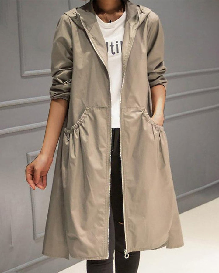 Women's Hooded Waterproof Longline Trench Coat - Khaki