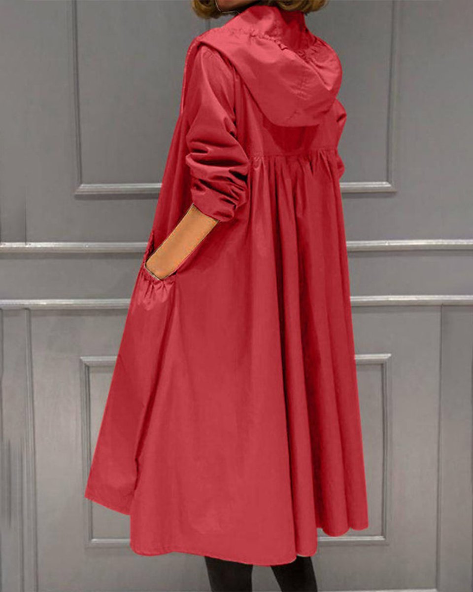 Women's Hooded Waterproof Longline Trench Coat - Red