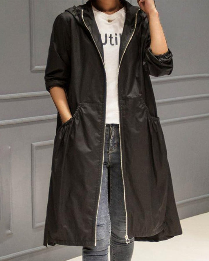 Women's Hooded Waterproof Longline Trench Coat - Black