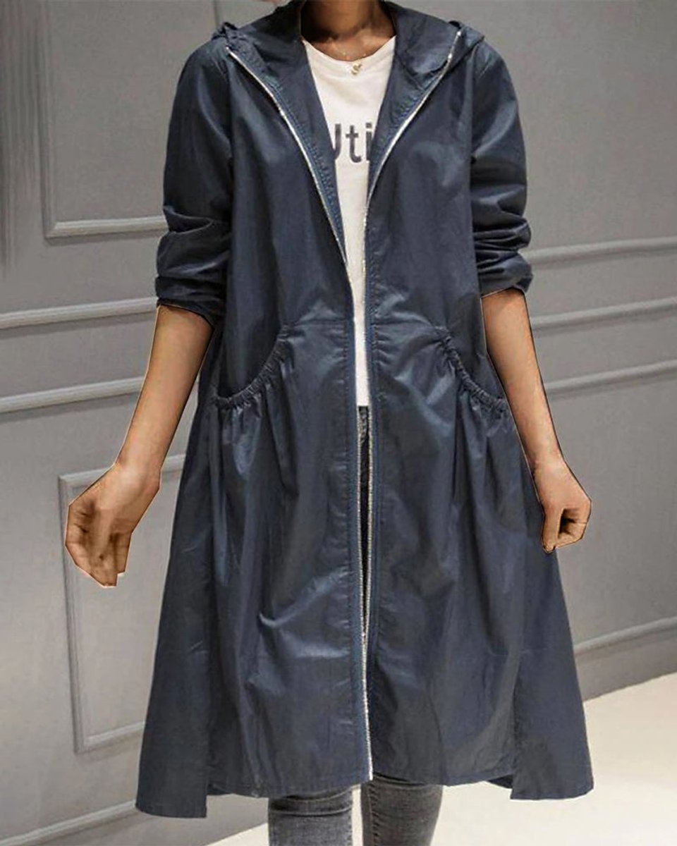 Women's Hooded Waterproof Longline Trench Coat - Navy Blue