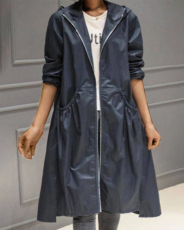 Women's Hooded Waterproof Longline Trench Coat - Navy Blue