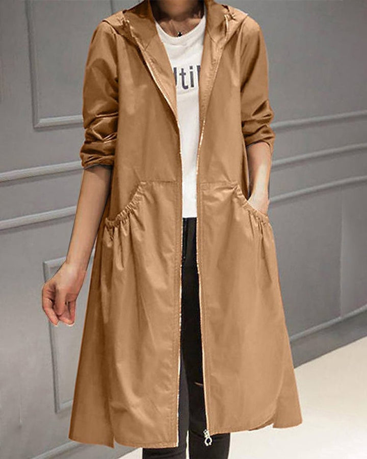 Women's Hooded Waterproof Longline Trench Coat - Brown