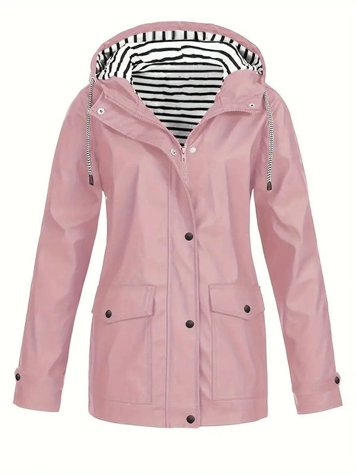Women's Hooded Waterproof Striped-Lined Raincoat Coat - Pink