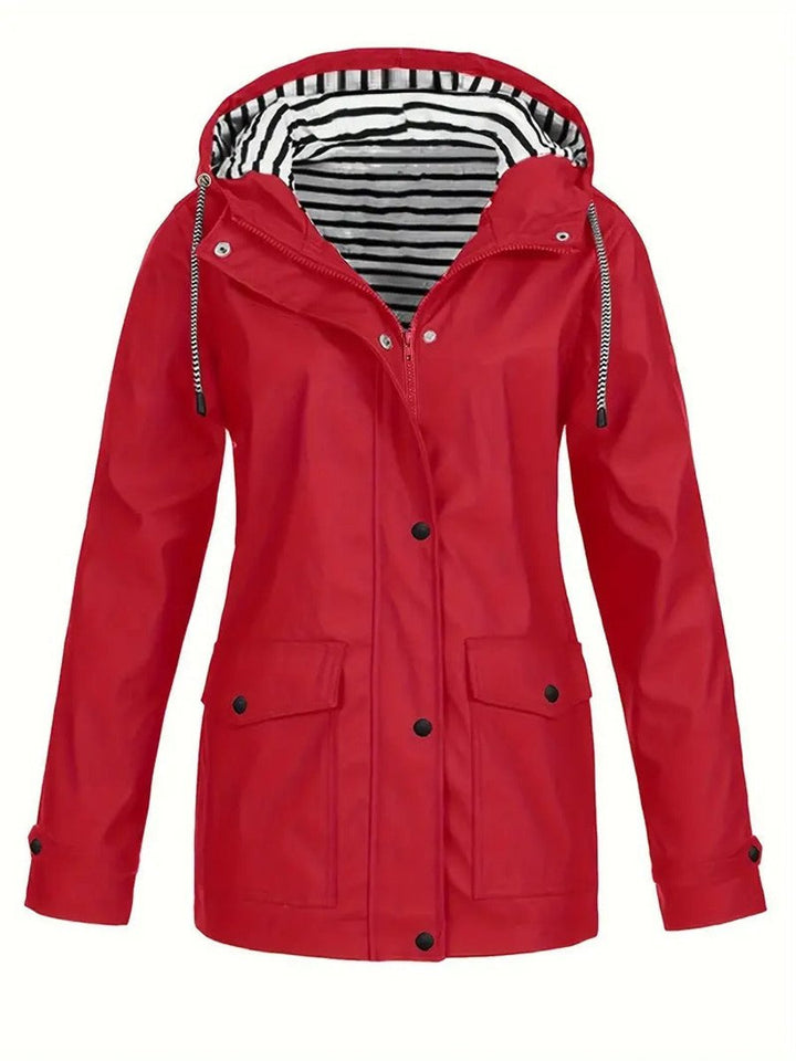 Women's Hooded Waterproof Striped-Lined Raincoat Coat - Red