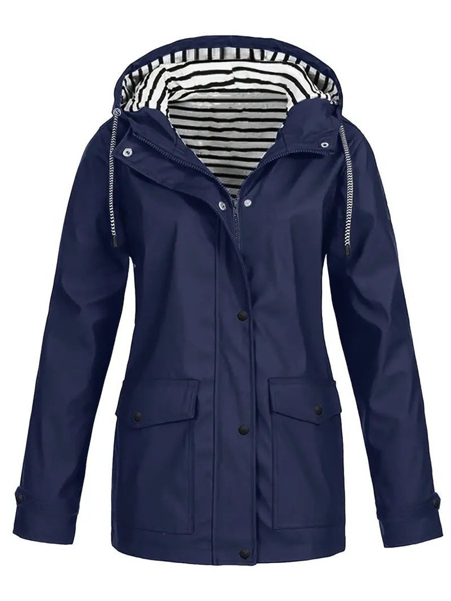 Women's Hooded Waterproof Striped-Lined Raincoat Coat - Navy Blue