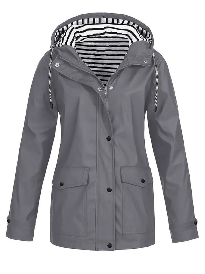 Women's Hooded Waterproof Striped-Lined Raincoat Coat - Grey
