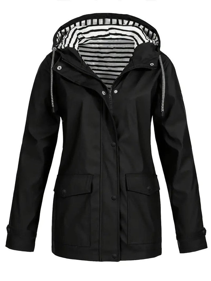Women's Hooded Waterproof Striped-Lined Raincoat Coat - Black