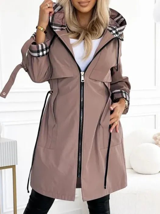 Women's Hooded Waterproof Windproof Zip Trench Coat - Brown
