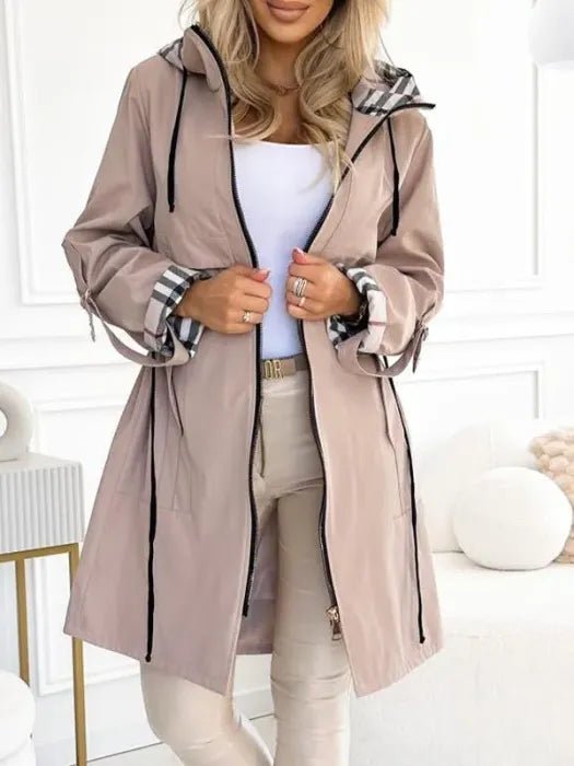 Women's Hooded Waterproof Windproof Zip Trench Coat - Beige