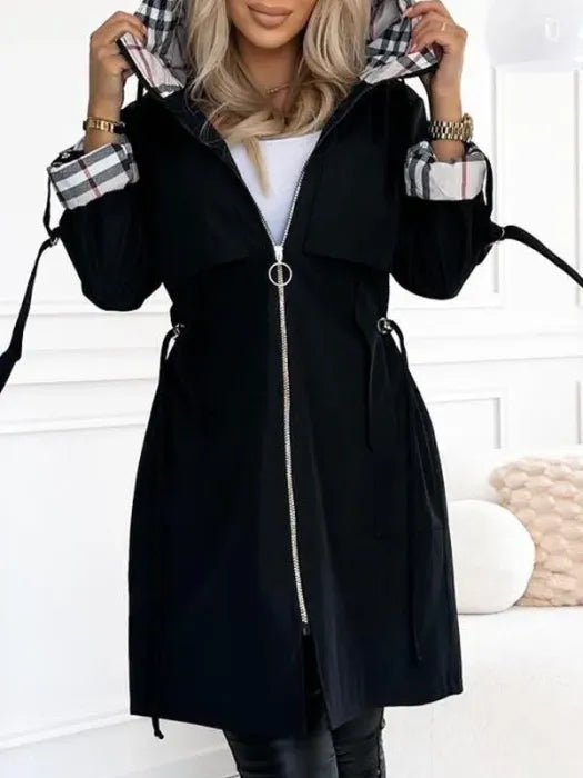 Women's Hooded Waterproof Windproof Zip Trench Coat - Black