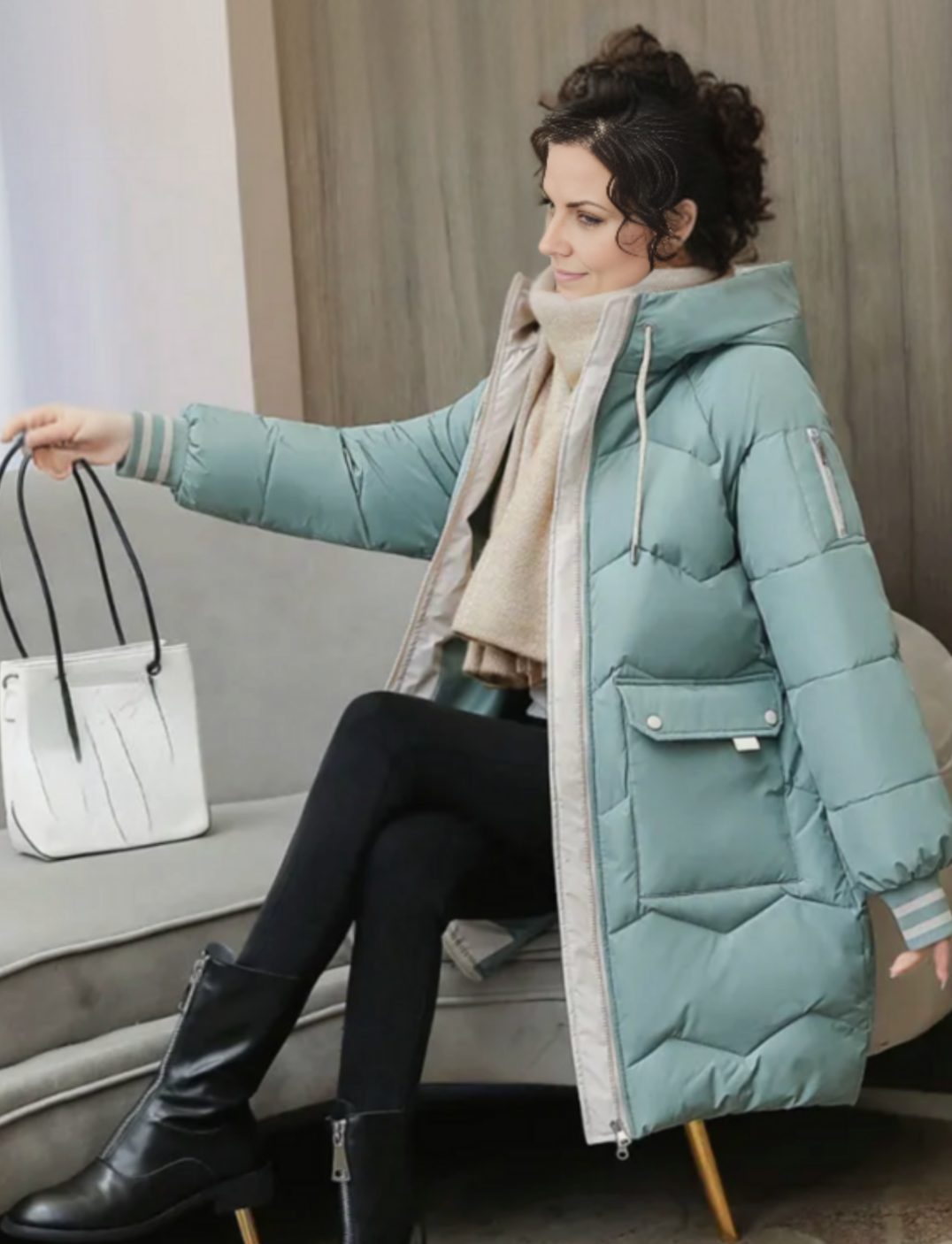 Women's Insulated Hooded Mid-Length Puffer Winter Coat - Light Green