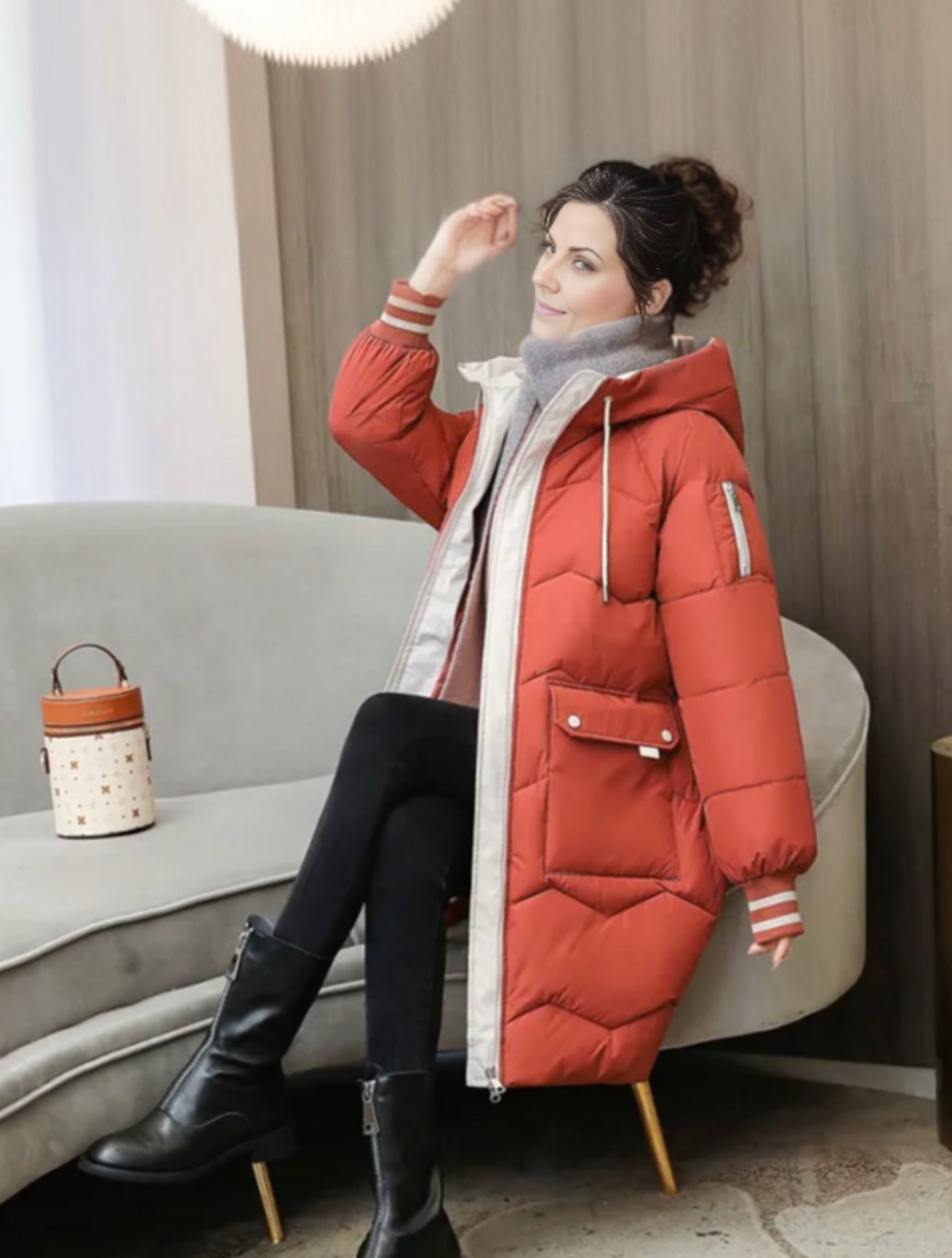 Women's Insulated Hooded Mid-Length Puffer Winter Coat - Red