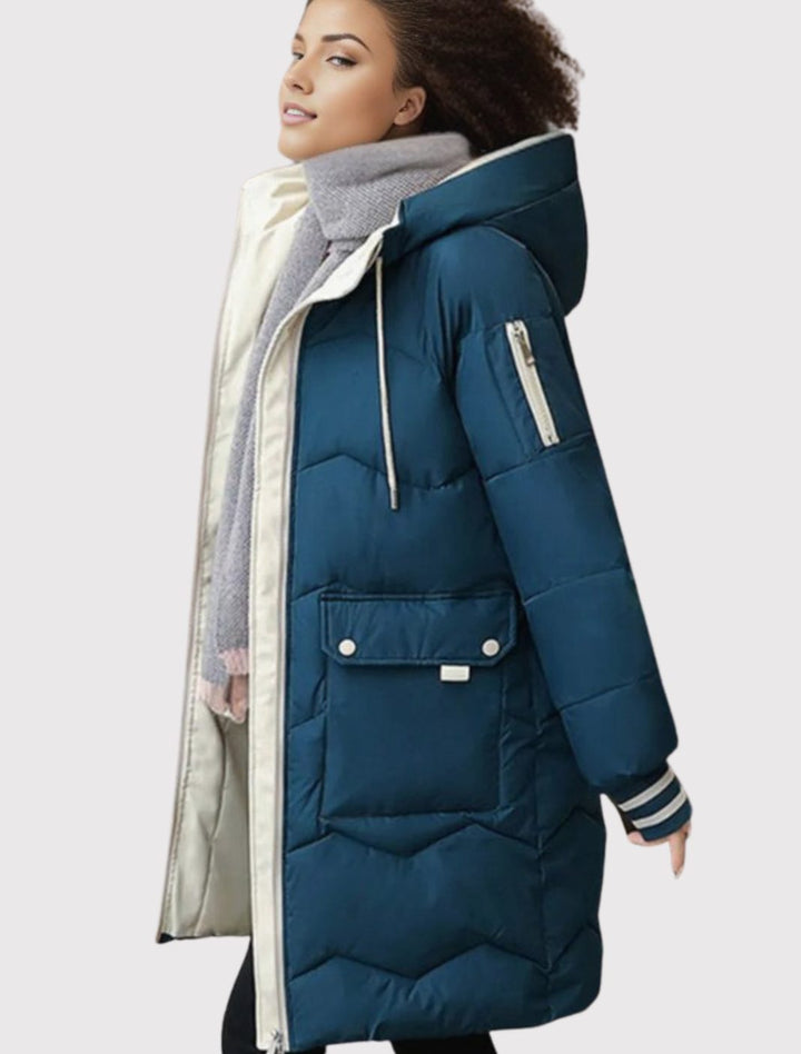 Women's Insulated Hooded Mid-Length Puffer Winter Coat - Blue