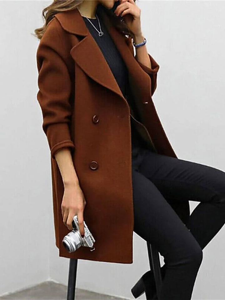 Women's Jacket Double-Breasted Long Wool-Blend Oversized Coat - Brown
