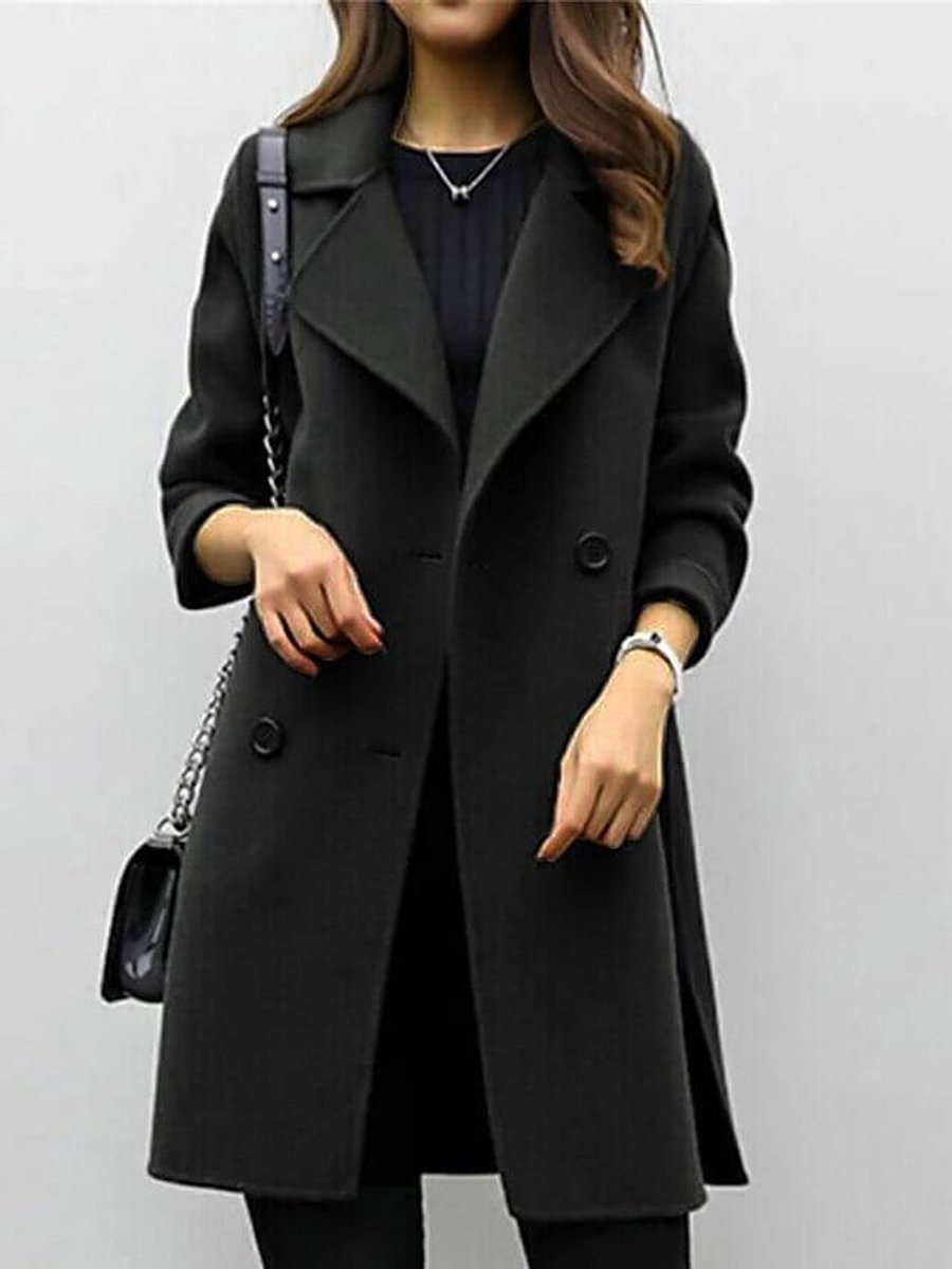 Women's Jacket Double-Breasted Long Wool-Blend Oversized Coat - Black