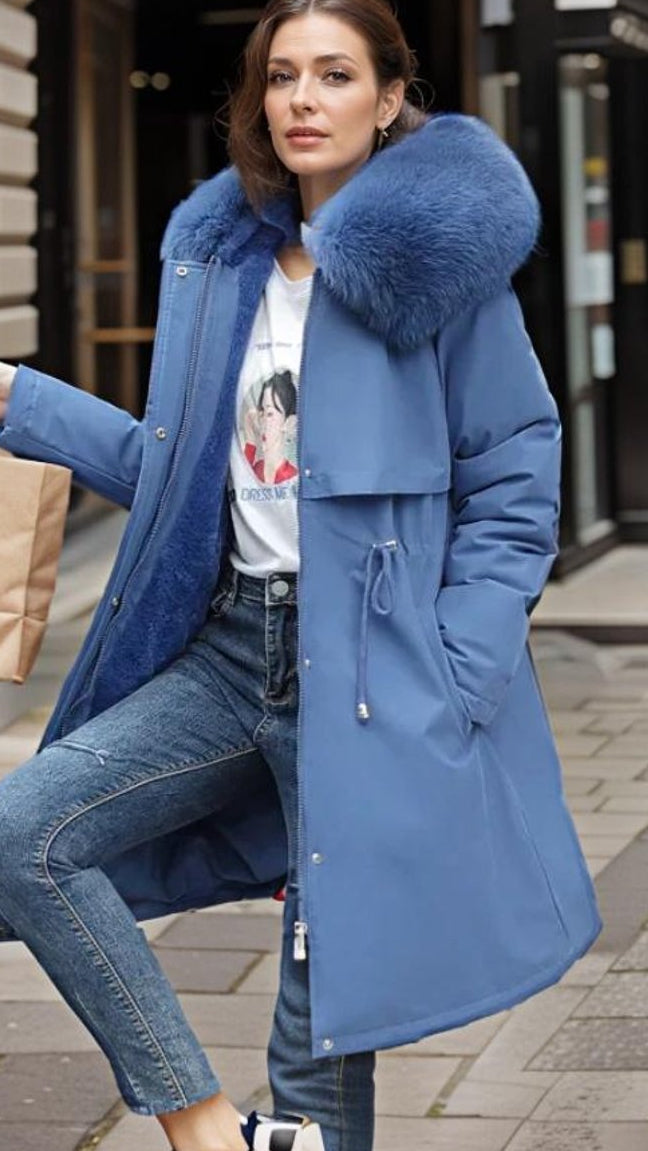 Women's Jacket Waterproof Insulated Faux Fur Hood Winter Parka - Blue