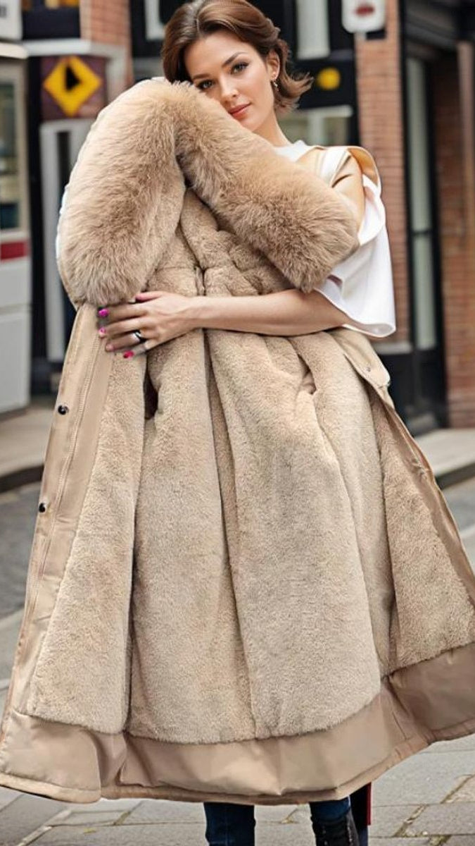 Women's Jacket Waterproof Insulated Faux Fur Hood Winter Parka - Beige
