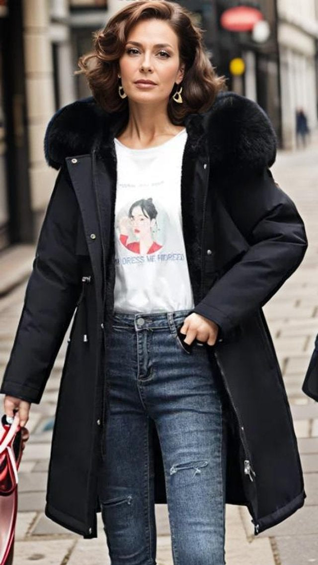 Women's Jacket Waterproof Insulated Faux Fur Hood Winter Parka - Black