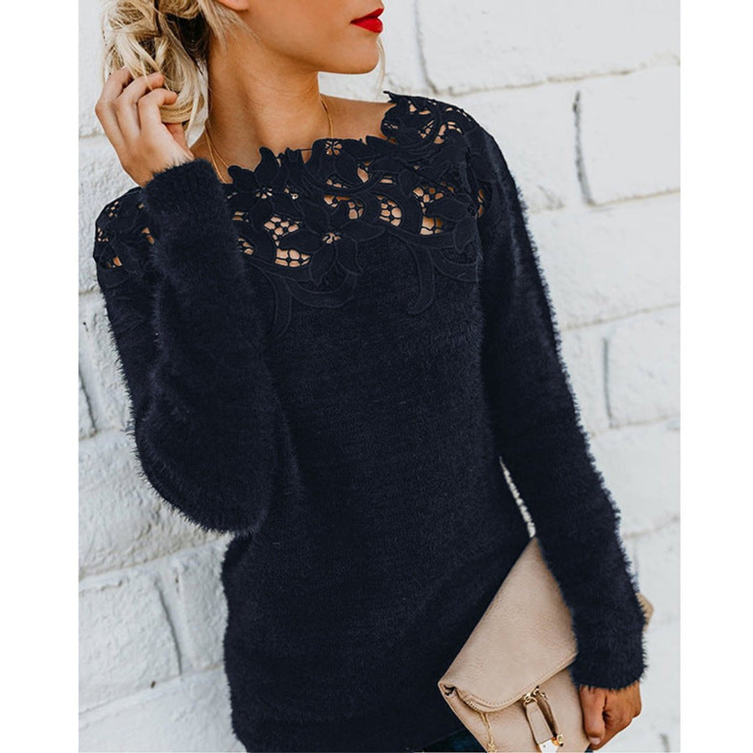 Women's Jumper Fluffy Knit Lace Floral Neckline Pullover - Black