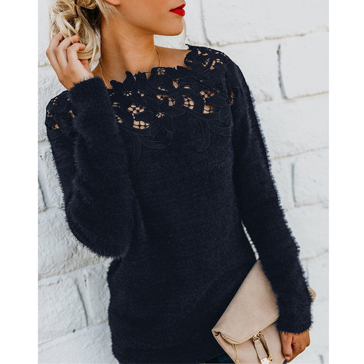 Women's Jumper Fluffy Knit Lace Floral Neckline Pullover - Black