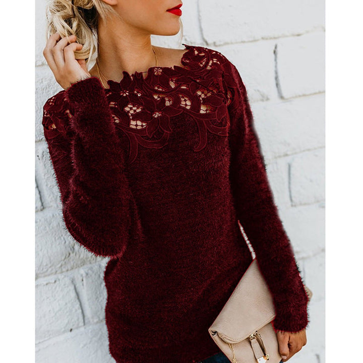 Women's Jumper Fluffy Knit Lace Floral Neckline Pullover - Red Wine