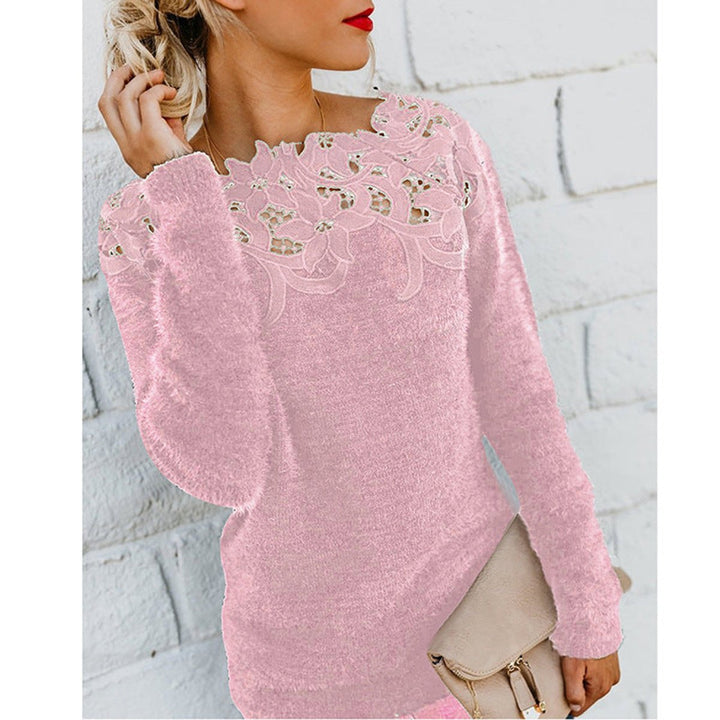 Women's Jumper Fluffy Knit Lace Floral Neckline Pullover - Pink