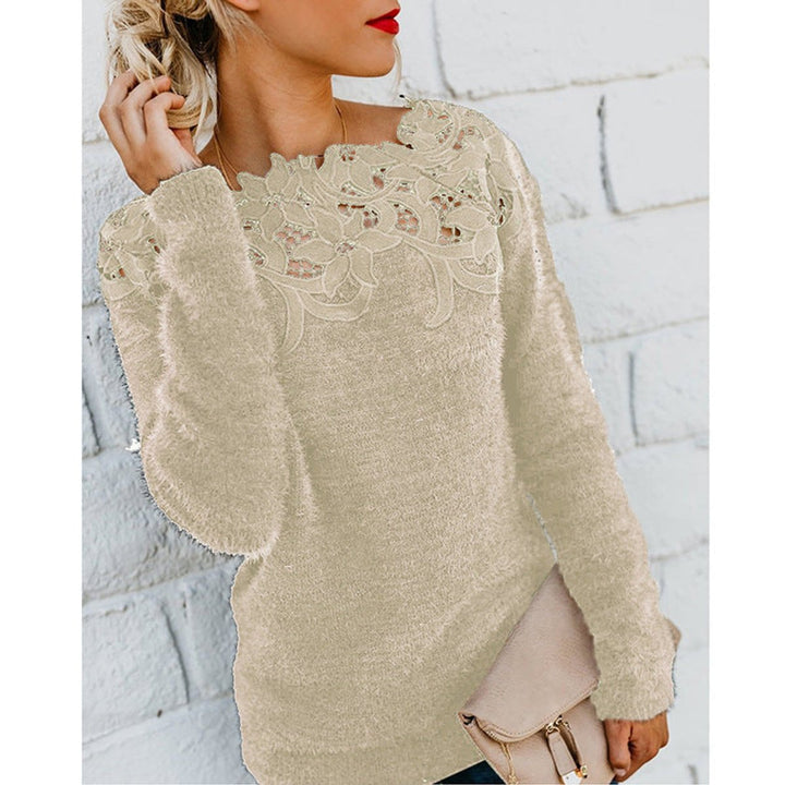 Women's Jumper Fluffy Knit Lace Floral Neckline Pullover - Beige