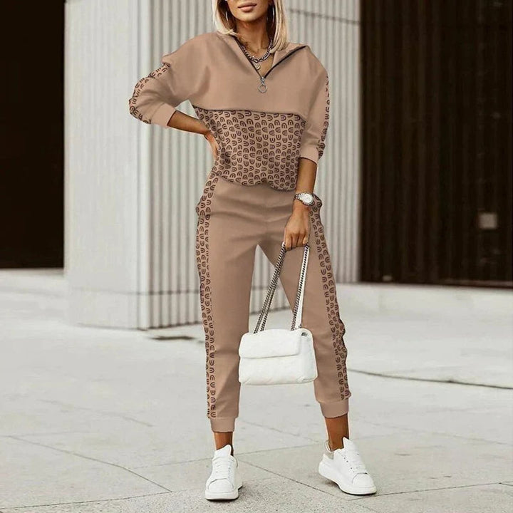 Womens Jumper Half-Zip Hoodie Joggers Two-Piece Athleisure Set - Brown