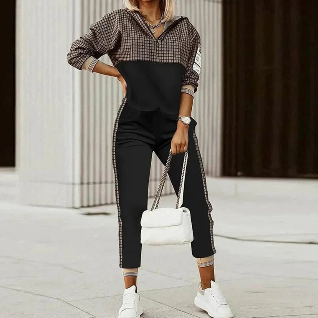 Womens Jumper Half-Zip Hoodie Joggers Two-Piece Athleisure Set - Black