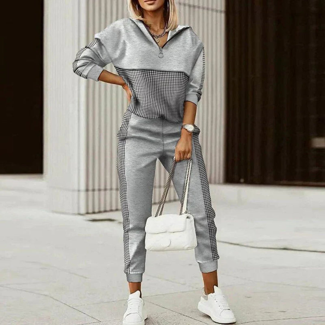 Womens Jumper Half-Zip Hoodie Joggers Two-Piece Athleisure Set - Grey